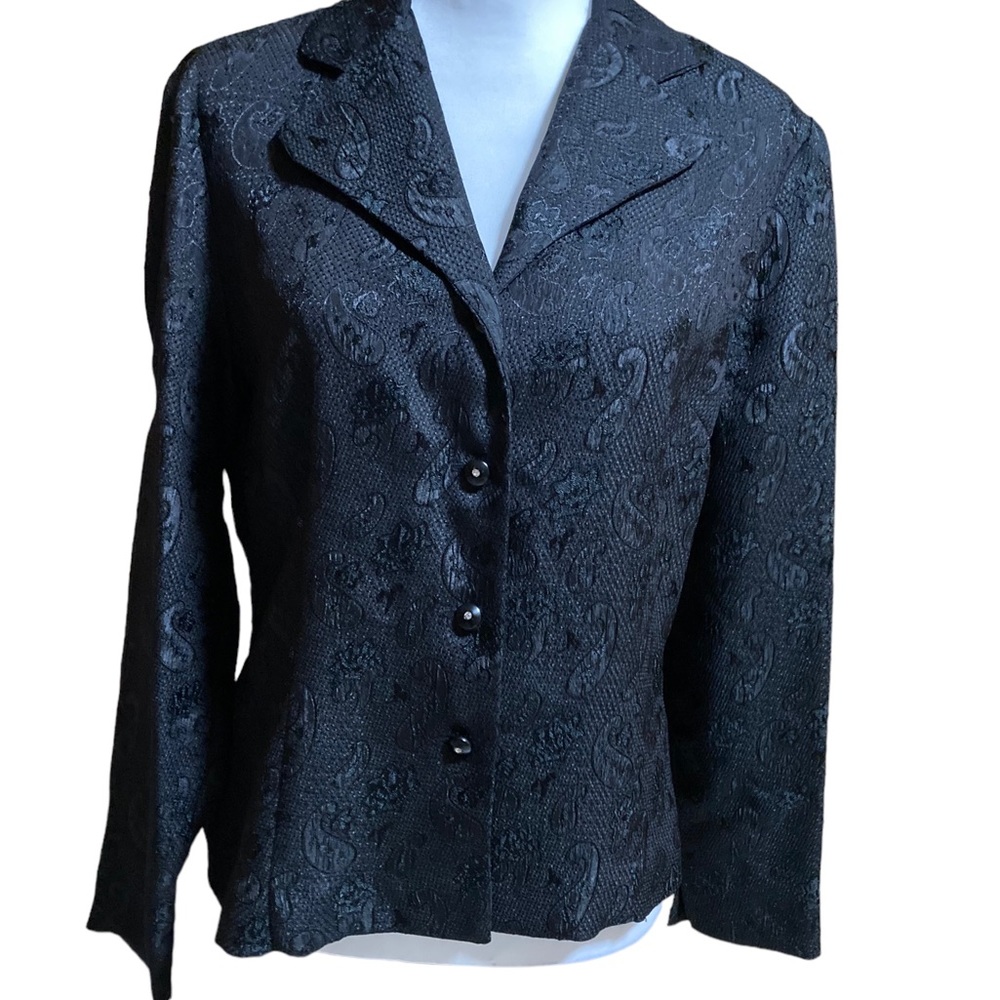 Urban Collection by Jerrel black satin paisley blazer. Rhinestone center button